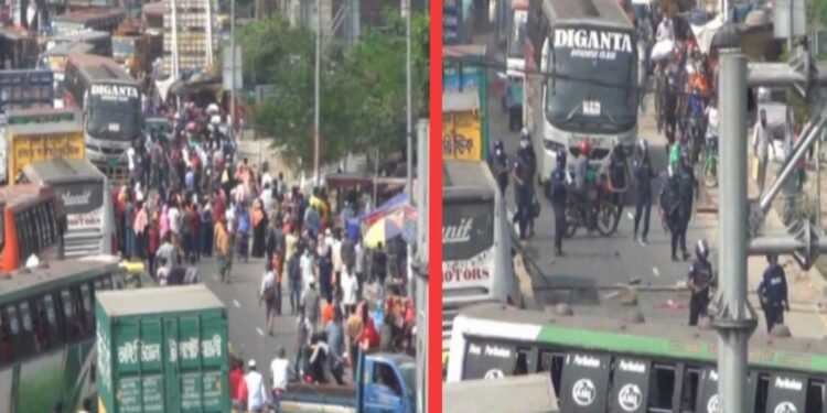 সোনারগাঁয়ে় পোশাক শ্রমিকদের বিক্ষোভ, অবরোধ