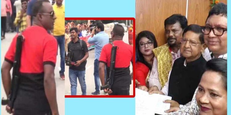 রূপগঞ্জে পাটমন্ত্রীর মনোনয়ন জমা, বাইরে অস্ত্র নিয়ে মহড়া