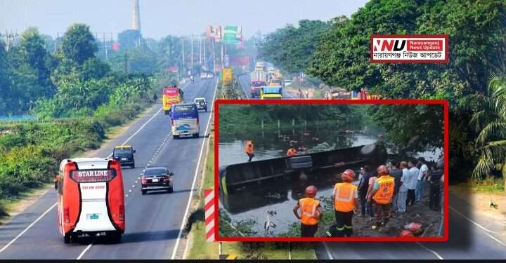 বন্দরে বাস খাদে পড়ে নারী-শিশুসহ ১০ জন আহত